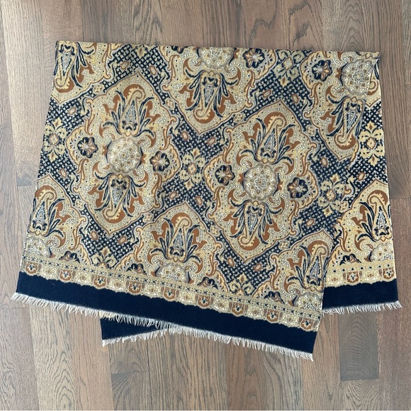 Anthropologie Vintage Paisley Oblong Wool Woven Scarf Navy Blue, Gold, Brown - Picture 2 of 5